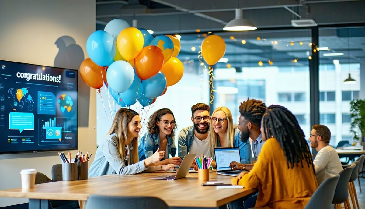 Building a culture of appreciation through a team celebration with balloons.