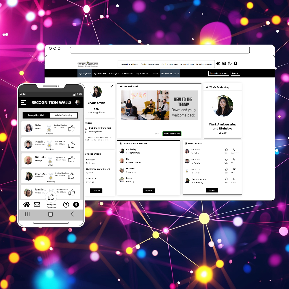 Employee recognition software on different devices.