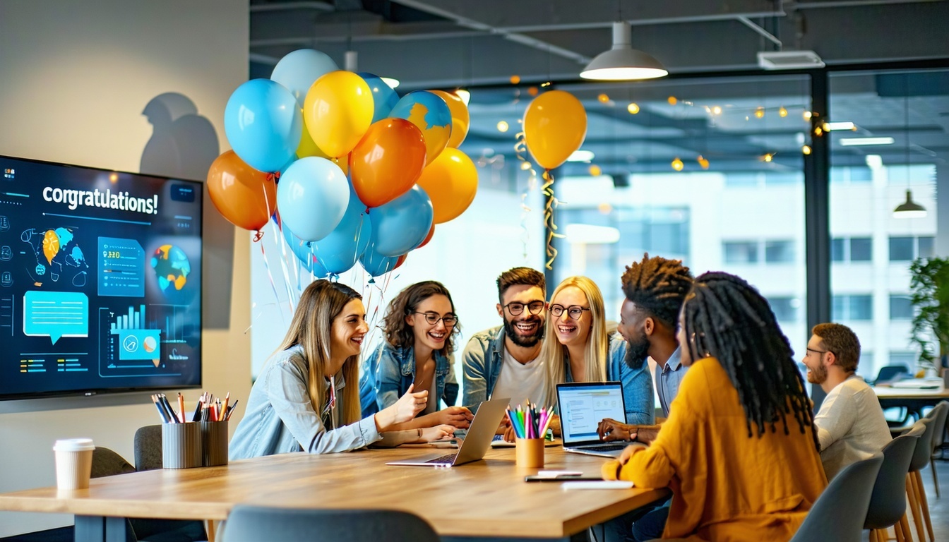 Building a culture of appreciation through a team celebration with balloons.