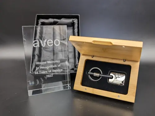 Long service award Engraved Trophy and Key Tag in presentation box