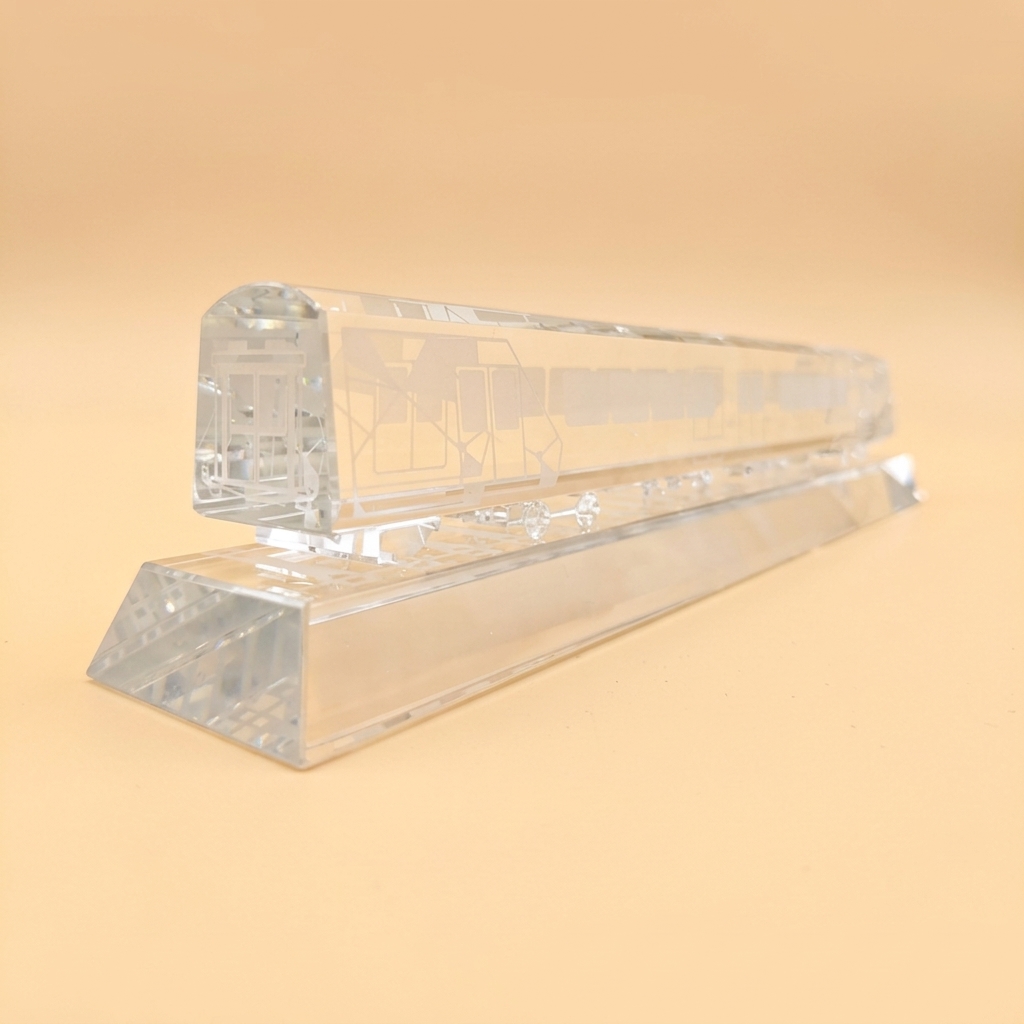 Engraved crystal train long service trophy