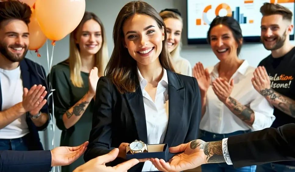Lady receiving long service recognition gift of a watch at a team celebration.