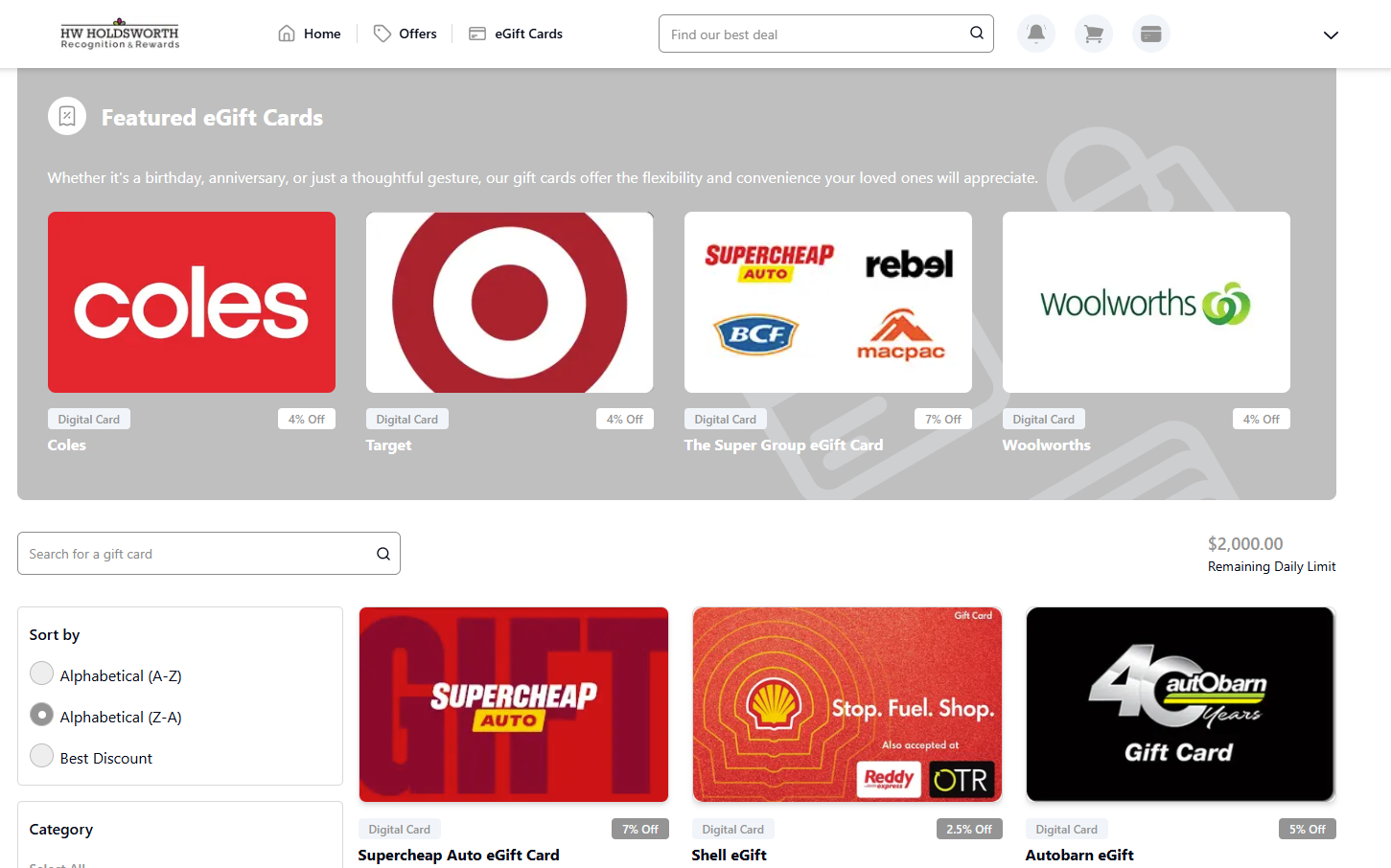 The Ambassador Card site showing featured eGift cards